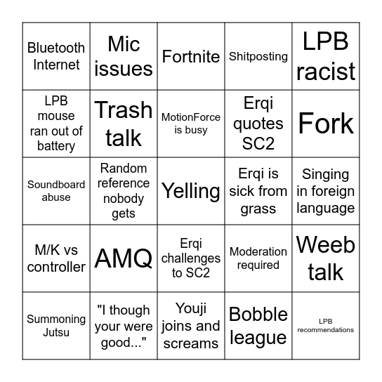 Gamer Rehab Bingo Card