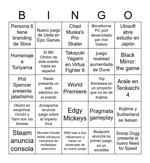 E3 2024 Bingo Card