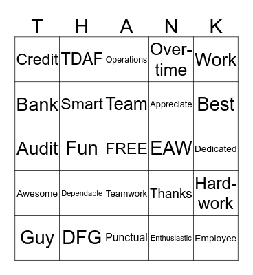 Employee Appreciation Bingo Card