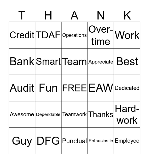 Employee Appreciation Bingo Card