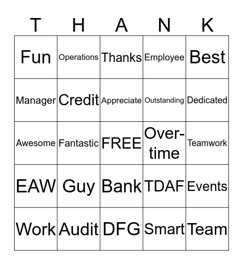 Employee Appreciation Bingo Card
