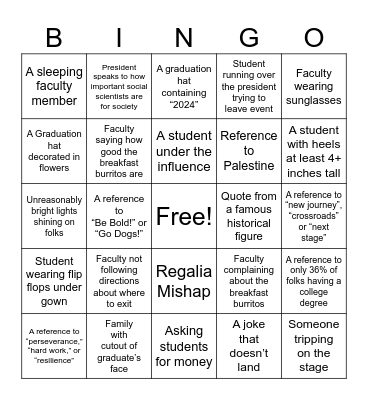 Fresno State COSS 2024 Commencement Bingo Card