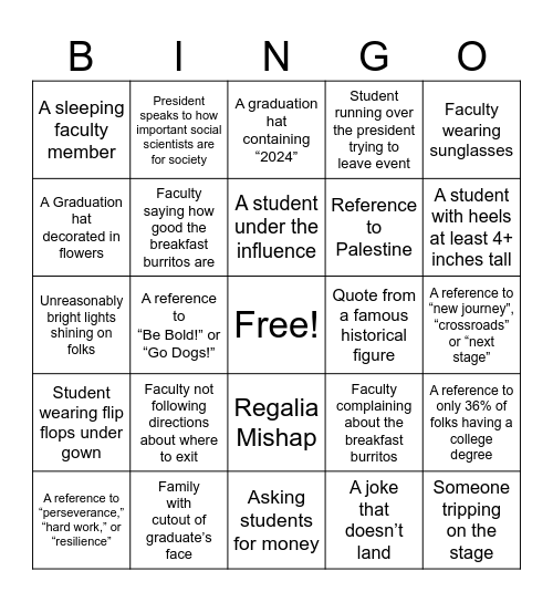 Fresno State COSS 2024 Commencement Bingo Card