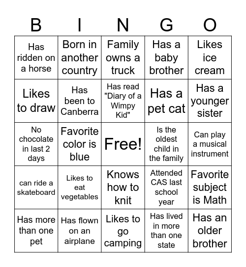 Classmate Bingo Card