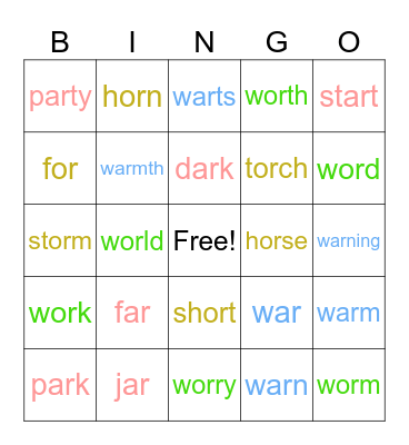 ar  or  war  wor Bingo Card
