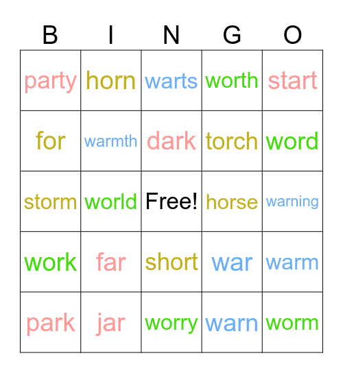 ar  or  war  wor Bingo Card