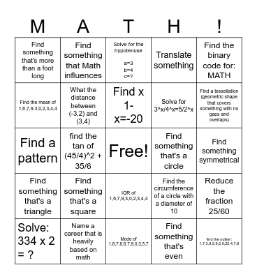 Math Scavenger Hunt Bingo Card
