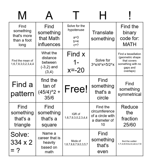 Math Scavenger Hunt Bingo Card