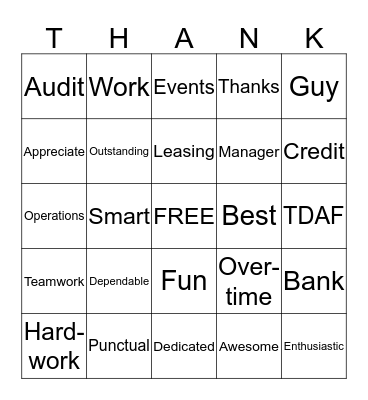 Employee Appreciation Bingo Card