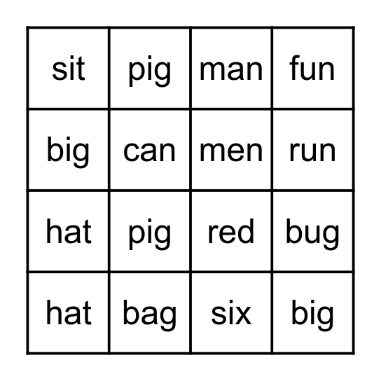 Complete Phonics 1 - a, e, i, u Bingo Card