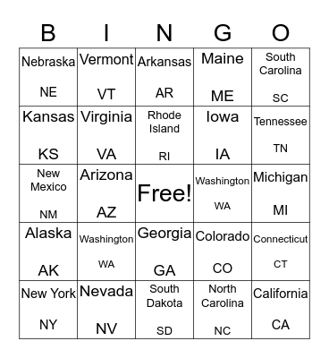 United States Regions Bingo Card