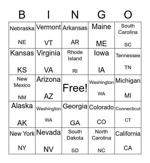 United States Regions Bingo Card