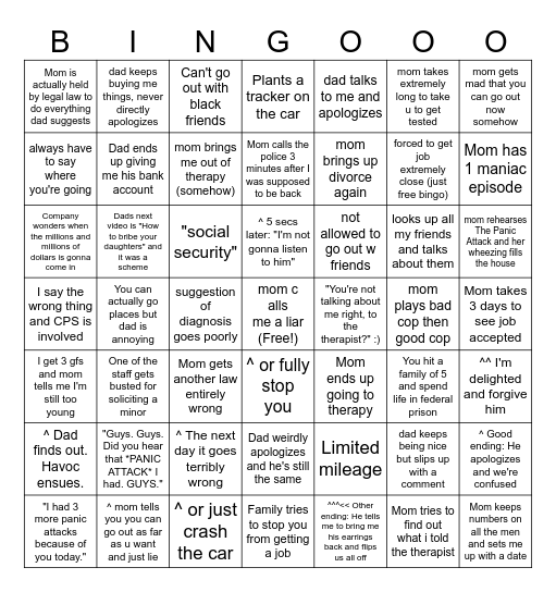 My life (TM) Bingo Card