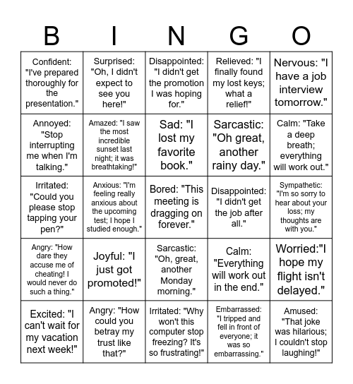 Say It With Feeling! Bingo Card