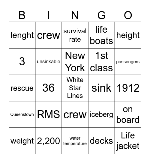 Titanic Bingo Card