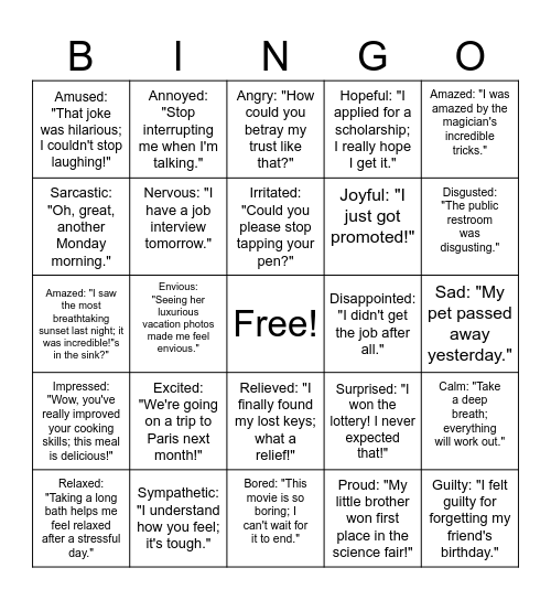 Say It With Feeling! Bingo Card