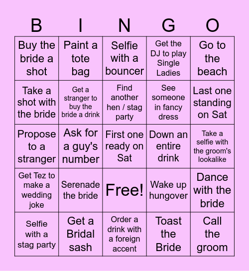 Manreet's Hen Weekend Bingo Card