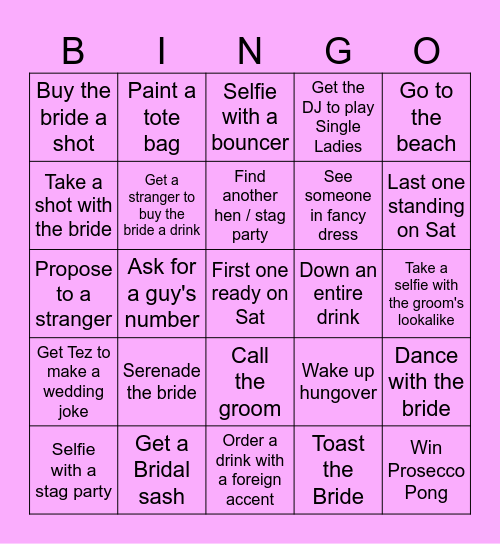 Manreet's Hen Weekend Bingo Card