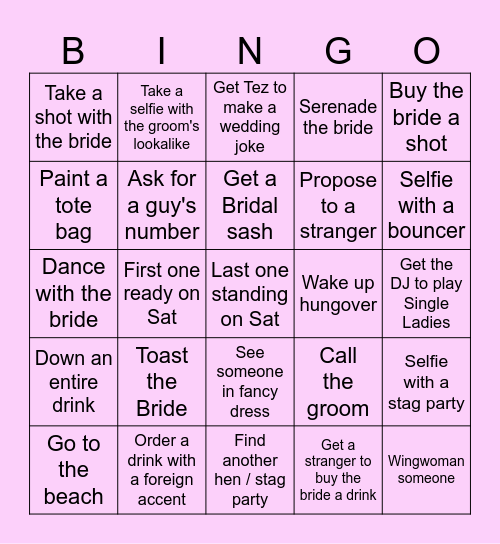 Manreet's Hen Weekend Bingo Card