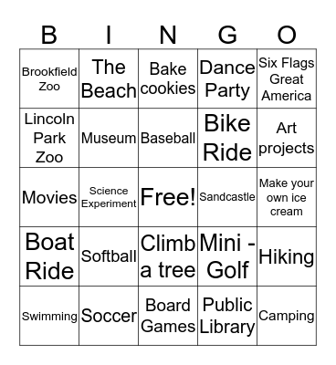 Summer Vacation Bingo Card
