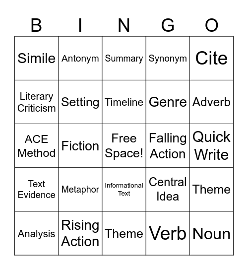 8th Grade ELA Bingo Card