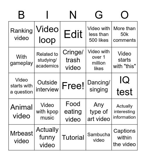 Youtube shorts bingo Card