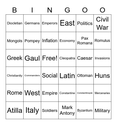 Fall of Rome Bingo Card