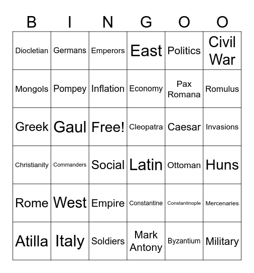 Fall of Rome Bingo Card