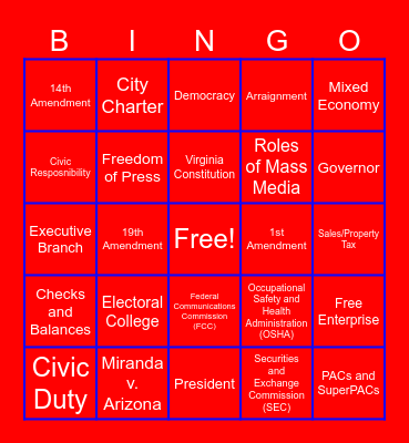 Civics SOL Review (Updated 23-24SY) Bingo Card