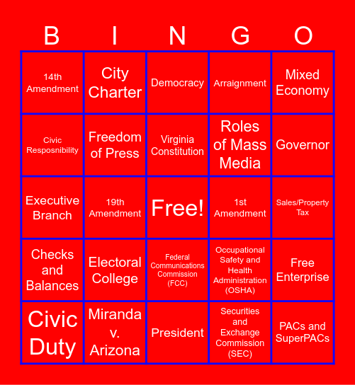 Civics SOL Review (Updated 23-24SY) Bingo Card