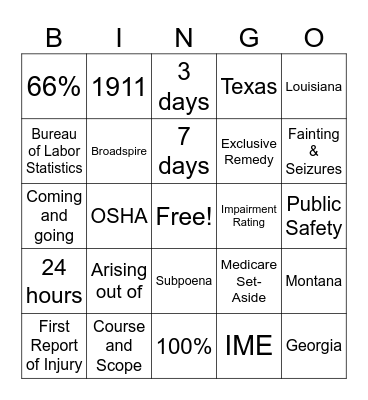 Workers' Compensation Bingo Card