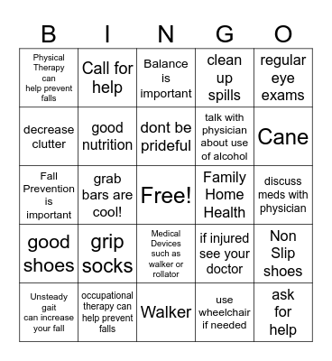 Fall Prevention Bingo Card