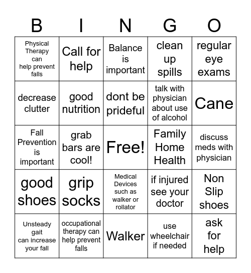 Fall Prevention Bingo Card