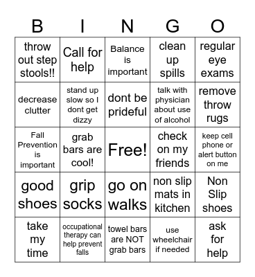 Fall Prevention Bingo Card