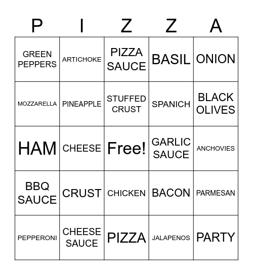 Pizza Bingo Card