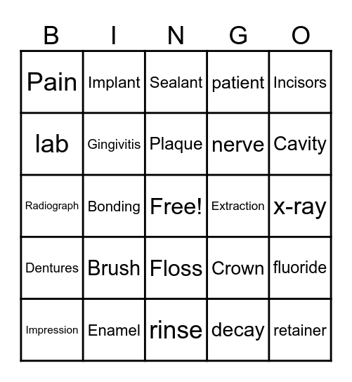 Dr. Arora's Dental Exam Bingo Card