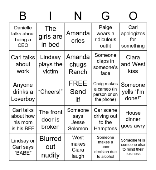 Summer House Non-Finale Watch Party Bingo Card