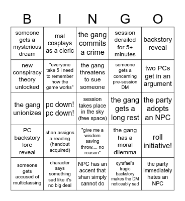 d&d bingo, sky time edition Bingo Card