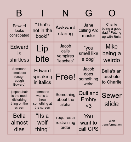 Twilight Bingo : Movies edition Bingo Card