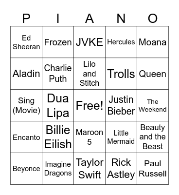 Pop Song Bingo Card