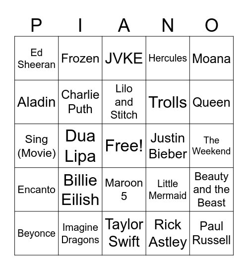 Pop Song Bingo Card