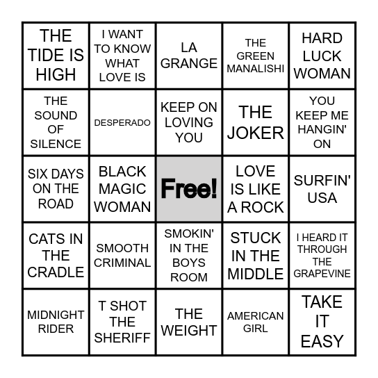 COVER SONGS Bingo Card