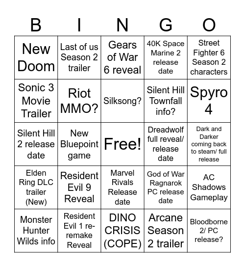 Summer Game Fest Bingo Card