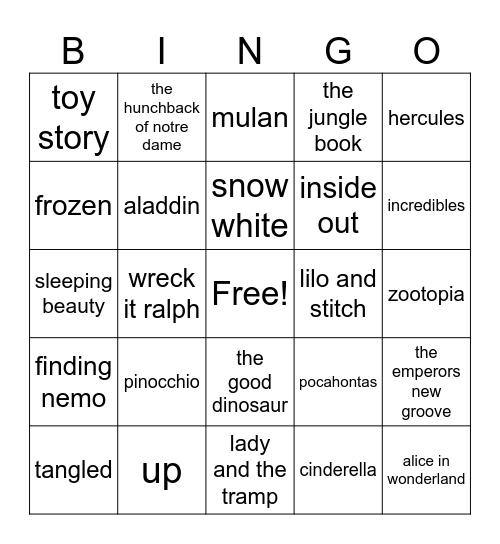 Disney Movies Bingo Card