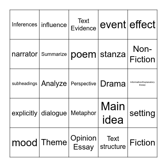 5th grade ELA Bingo Card