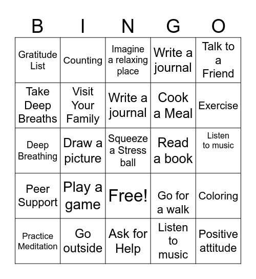 Coping Skills Bingo Card