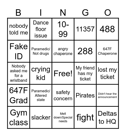Grad Night Bingo Card