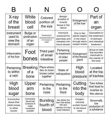 Medical Term Game Bingo Card