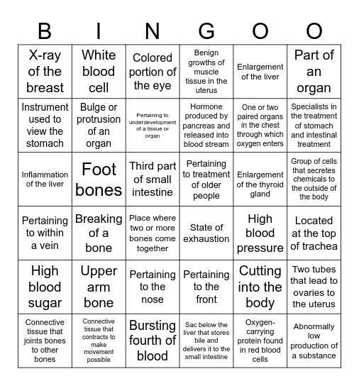 Medical Term Game Bingo Card