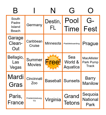 Summer Vacation Bingo Card